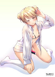 Rule 34 | 1boy, arm up, artist name, bikini, black bikini, blonde hair, blush, bulge, censored, chinanago, chinanago7010, collarbone, commentary request, crossdressing, cupless bikini, double bun, erection, erection under clothes, flat chest, full body, gradient background, hair bun, hand on own head, hand up, head tilt, heart, heart censor, highres, kneehighs, large areolae, legs, long sleeves, looking at viewer, male focus, navel, no pants, no shoes, open clothes, open shirt, original, shadow, shiny skin, shirt, short hair, signature, sitting, socks, solo, swept bangs, swimsuit, thighs, trap, twitter username, wariza, white background, white shirt, white socks, yellow background, yellow eyes