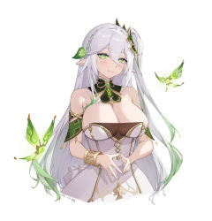 Rule 34 | 1girl, absurdres, aged up, bare shoulders, blush, bracelet, braid, breasts, cleavage, closed mouth, colored tips, cropped torso, cross-shaped pupils, crystalfly (genshin impact), dated, detached sleeves, gem, genshin impact, gradient hair, green eyes, green gemstone, green hair, hair ornament, highres, jewelry, large breasts, leaf hair ornament, long hair, looking at viewer, multicolored hair, nahida (genshin impact), own hands together, pointy ears, short sleeves, side ponytail, simple background, smile, solo, sukaliya, symbol-shaped pupils, two-tone hair, white background, white hair
