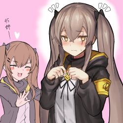 Rule 34 | 2girls, :3, :d, ^ ^, alternate hairstyle, black bow, blush, bow, brown hair, closed eyes, crossed bangs, dakunesu, embarrassed, girls&#039; frontline, grey hair, hair between eyes, hair bow, hands up, jacket, long hair, looking at viewer, matching hairstyle, multiple girls, open clothes, open jacket, open mouth, scar, scar across eye, scar on face, siblings, sisters, smile, solo focus, sweatdrop, tsurime, twins, twintails, ump45 (girls&#039; frontline), ump9 (girls&#039; frontline), wavy mouth, yellow eyes
