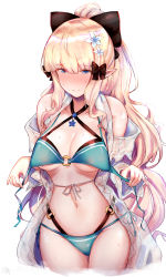Rule 34 | 1girl, blonde hair, blue eyes, blush, breasts, elf, hemachi, highres, large breasts, looking at viewer, pointy ears, ponytail, princess connect!, saren (princess connect!), smile, swimsuit