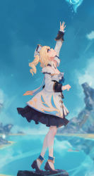 Rule 34 | 1girl, absurdres, arm up, bad id, bad pixiv id, barbara (genshin impact), black footwear, blonde hair, blue eyes, blurry, blurry background, breasts, commentary request, day, depth of field, detached sleeves, dress, frilled dress, frills, from side, full body, genshin impact, hair between eyes, hat, highres, kisei2, long sleeves, outdoors, pantyhose, profile, shoes, signature, sleeves past wrists, small breasts, solo, standing, tiptoes, twintails, water, white dress, white hat, white sleeves