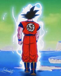 1boy aura black_hair boots clenched_hands commentary_request dougi dragon_ball dragonball_z film_grain from_behind full_body green_sky highres male_focus muscular muscular_male official_style salvamakoto signature sky solo son_goku spanish_commentary wristband