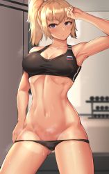 Rule 34 | 1girl, absurdres, bare shoulders, black panties, blonde hair, blue eyes, blush, breasts, cleavage, clyde s, commentary, crop top, has bad revision, has downscaled revision, highres, indoors, large breasts, looking at viewer, md5 mismatch, navel, original, panties, ponytail, resolution mismatch, russian flag, short hair, solo, source smaller, sweater, underwear