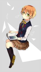 Rule 34 | 10s, 1girl, akakura, argyle, argyle clothes, argyle sweater vest, book, boots, collared shirt, dated, green eyes, hair ornament, hairpin, holding, holding book, hoshizora rin, knee boots, kneehighs, looking at viewer, love live!, love live! school idol festival, love live! school idol project, open book, orange hair, plaid, plaid skirt, ribbon, shirt, short hair, skirt, sleeves rolled up, socks, solo, sweater, sweater vest, twitter username, white shirt