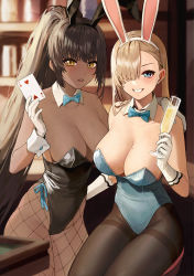 Rule 34 | 2girls, absurdres, animal ears, asuna (blue archive), asuna (bunny) (blue archive), black hair, black hairband, black leotard, black pantyhose, blue archive, blue bow, blue bowtie, blue eyes, blue leotard, blush, bow, bowtie, breasts, card, cleavage, dark-skinned female, dark skin, detached collar, drink, elbow gloves, fake animal ears, fishnet legwear, fishnets, gloves, hair over one eye, hairband, hand on another&#039;s shoulder, highleg, highleg leotard, highres, karin (blue archive), karin (bunny) (blue archive), kir (khw66136132), large breasts, leotard, light brown hair, long hair, looking at viewer, mole, mole on breast, multiple girls, one eye covered, pantyhose, parted lips, playboy bunny, playing card, ponytail, sitting, smile, thighs, traditional bowtie, white gloves, white hairband, wide hips, wrist cuffs, yellow eyes