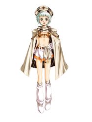 Rule 34 | 1girl, absurdres, bikini, bikini top only, boots, brown eyes, cape, earrings, full body, gloves, green hair, growlanser, growlanser iv, hat, highres, jewelry, knee boots, mell, midriff, navel, necklace, open mouth, pearl necklace, short hair, skirt, smile, solo, swimsuit, thigh strap, transparent background, urushihara satoshi, white gloves