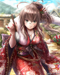 Rule 34 | 1girl, :q, ahoge, blue sky, blurry, blurry background, blush, body writing, breasts, brown hair, calligraphy brush, cleavage, closed mouth, cloud, collarbone, day, drawing on own face, facepaint, fur collar, green eyes, hagoita, hair between eyes, hair ornament, hanetsuki, holding, holding brush, holding paddle, hortensia saga, ink, japanese clothes, kimono, large breasts, licking lips, long hair, long sleeves, looking at viewer, mari (horensia saga), new year, obi, official art, outdoors, paddle, paintbrush, ponytail, red kimono, sash, sidelocks, sky, smile, solo, suien, tongue, tongue out, watermark, wide sleeves