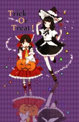Rule 34 | 2girls, alternate headwear, argyle, argyle background, argyle clothes, ark tr, artistic error, black hair, candy, cover, cover page, detached sleeves, food, food in mouth, hair ribbon, hair tubes, hakurei reimu, halloween, hat, highres, jack-o&#039;-lantern, lollipop, looking at viewer, mouth hold, multiple girls, pumpkin, purple background, red eyes, reflection, ribbon, shameimaru aya, smile, star (symbol), touhou, trick or treat, v, wand, witch hat