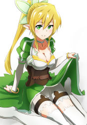 Rule 34 | 10s, 1girl, blonde hair, blush, braid, breasts, cleavage, clothes lift, elf, green eyes, leafa, long hair, looking at viewer, pointy ears, ponytail, side braid, skirt, skirt lift, smile, solo, stds, sword art online, thighhighs, twin braids, white thighhighs