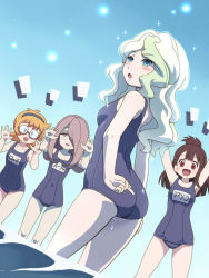 Rule 34 | 10s, 4girls, :d, ass, awa, blue eyes, blush, brown hair, commentary request, diana cavendish, glasses, hair over one eye, hairband, half updo, kagari atsuko, little witch academia, long hair, lotte jansson, multiple girls, name tag, old school swimsuit, one-piece swimsuit, open mouth, orange hair, purple hair, red eyes, school swimsuit, semi-rimless eyewear, short hair, smile, sparkle, sucy manbavaran, swimsuit, under-rim eyewear, wet