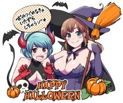 Rule 34 | 2girls, bare shoulders, bat (animal), blue hair, blush, bow, breasts, broom, brown hair, cape, cleavage, cleavage cutout, clothing cutout, commentary request, demon horns, demon tail, domestic na kanojo, elbow gloves, fake horns, fangs, gloves, gradient horns, green eyes, hairband, halloween, halloween costume, happy halloween, hat, horns, large breasts, long hair, medium breasts, multicolored horns, multiple girls, open mouth, pumpkin, purple bow, purple gloves, purple hat, red eyes, red gloves, sasuga kei, short hair, siblings, sisters, skull, smile, tachibana hina, tachibana rui, tail, witch hat