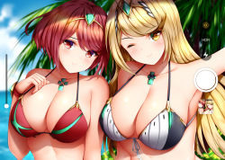 Rule 34 | 2girls, armpits, bare shoulders, beach, bikini, blonde hair, blue sky, blush, bracelet, breasts, cleavage, closed mouth, cloud, collarbone, commentary, day, gem, hair between eyes, hair ornament, headpiece, holding, jewelry, large breasts, leaf, long hair, looking at viewer, multicolored clothes, multiple girls, mythra (xenoblade), nintendo, ocean, one eye closed, outdoors, palm tree, pyra (xenoblade), reaching, reaching towards viewer, red eyes, red hair, selfie, short hair, sky, smile, swept bangs, swimsuit, tiara, tree, very long hair, water, wsman, xenoblade chronicles (series), xenoblade chronicles 2, yellow eyes