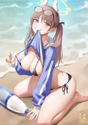 Rule 34 | 1girl, animal ears, barefoot, beach, bikini, black bikini, blue archive, blue hoodie, breasts, brown hair, cleavage, clothes in mouth, commentary request, cropped hoodie, eyewear on head, fake animal ears, full body, glasses, grin, halo, highres, hood, hoodie, inflatable toy, kneeling, large breasts, long hair, moe (blue archive), moe (swimsuit) (blue archive), mouth hold, pink nails, pulled by self, rabbit ears, raised eyebrows, round eyewear, shadow cat (yingmiao), shirt in mouth, smile, solo, strap pull, swimsuit, teeth, teeth hold, twintails, yellow eyes