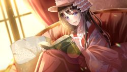 Rule 34 | 1girl, blue eyes, blush, book, brown hair, commission, couch, gloves, hat, highres, indoors, izumi (stardustalone), lens flare, long hair, open book, open mouth, original, pillow, pink hat, reading, sitting, skirt, twilight, voice actor, white gloves, window