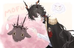 Rule 34 | ..., 1boy, animal, animal ears, animal hug, animalization, arknights, black cape, black hair, border, cape, commentary, dolly (arknights), ebenholz (arknights), epaulettes, frown, goat boy, goat ears, goat horns, half-closed eyes, highres, horns, hug, kreide (arknights), long hair, male focus, musical note, purple eyes, rei (926qz), sheep, shirt, simple background, spoken ellipsis, thought bubble, upper body, white background, white shirt, yellow background