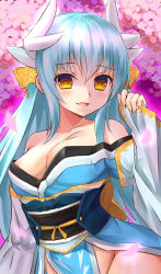 Rule 34 | 1girl, :d, aqua hair, areola slip, arm at side, cherry blossoms, chiroshiron, cowboy shot, day, dragon horns, fate/grand order, fate (series), fingernails, gold, groin, hair between eyes, hair ornament, hand up, highres, horns, japanese clothes, kimono, kiyohime (fate), long hair, long sleeves, looking at viewer, nail polish, obi, open mouth, outdoors, parted lips, petals, pink nails, sash, side slit, sleeves past wrists, smile, solo, tassel, very long hair, wide sleeves, yellow eyes