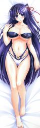 Rule 34 | 1girl, absurdres, amasaka takashi, barefoot, bell, blue eyes, blue hair, breasts, cleavage, collarbone, dakimakura (medium), female focus, full body, hair bell, hair ornament, hair ribbon, hand on own chest, highres, huge filesize, jingle bell, large breasts, long hair, lying, matching hair/eyes, midriff, nail polish, navel, on back, one-piece swimsuit, one side up, parted lips, pink nails, pussy juice, ribbon, solo, stomach, strapless, strapless one-piece swimsuit, swimsuit, thigh gap, toenail polish, toenails, toes, toujou amane, underboob, unionism quartet, very long hair