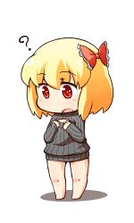 Rule 34 | 1girl, ?, blonde hair, bottomless, breast conscious, chibi, cleavage cutout, clothing cutout, fang, flat chest, hair ribbon, hands on own chest, jinnouchi akira, long sleeves, meme attire, naked sweater, open-chest sweater, open mouth, red eyes, ribbed sweater, ribbon, rumia, solo, sweater, touhou