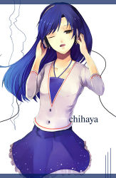 Rule 34 | 00s, 1girl, ;d, arms up, belt, blue eyes, blue hair, blue skirt, breasts, cable, cleavage, collarbone, headphones, idolmaster, idolmaster (classic), idolmaster 1, kisaragi chihaya, long hair, long sleeves, looking at viewer, matching hair/eyes, one eye closed, open mouth, pos (shiratama-ya), simple background, skirt, small breasts, smile, solo, white background