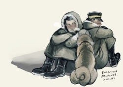 Rule 34 | 2boys, aoi (husiginokuninoa), back-to-back, blush, boots, breath, cold, dog, full body, golden kamuy, hat, highres, hood, hood up, kepi, knees up, looking at animal, male focus, military hat, multiple boys, runny nose, ryu (golden kamuy), scar, scar on face, scar on mouth, scar on nose, shiba inu, short hair, sitting, snot, sugimoto saichi, tanigaki genjirou, translation request, winter clothes