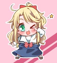 Rule 34 | &gt; o, 1girl, :3, blonde hair, blue dress, blush, bow, bowtie, chibi, commentary request, dress, green eyes, hair bow, highres, himesaka noa, kashikaze, long hair, long sleeves, one eye closed, open mouth, outline, pink background, red bow, red bowtie, sailor collar, sidelocks, solo, v, v over eye, watashi ni tenshi ga maiorita!, white outline, white sailor collar