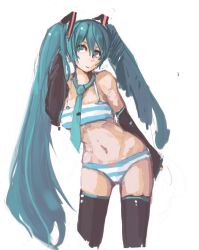 Rule 34 | 1girl, bandeau, bikini, black thighhighs, detached sleeves, green eyes, green hair, hair ornament, hand in own hair, hatsune miku, long hair, matching hair/eyes, necktie, panties (pantsu-pirate), sketch, smile, solo, strapless, striped bikini, striped clothes, swimsuit, thighhighs, tube top, twintails, very long hair, vocaloid