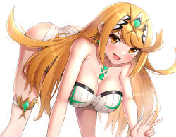 Rule 34 | 1girl, blonde hair, breasts, chest jewel, gem, gonzarez, headpiece, highres, large breasts, long hair, mythra (radiant beach) (xenoblade), mythra (xenoblade), one-piece swimsuit, ribbed swimsuit, solo, strapless, strapless one-piece swimsuit, striped clothes, striped one-piece swimsuit, swept bangs, swimsuit, tiara, vertical-striped clothes, vertical-striped one-piece swimsuit, very long hair, white one-piece swimsuit, xenoblade chronicles (series), xenoblade chronicles 2, yellow eyes