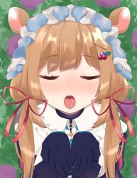 Rule 34 | 1girl, animal ears, black gloves, blush, brown hair, bush, closed eyes, dress, eli conifer, from above, gloves, grass, hair ornament, hair ribbon, hairclip, highres, long hair, mamimume-mo, nijisanji, open mouth, oral invitation, outdoors, red ribbon, ribbon, saliva, solo, twintails, virtual youtuber