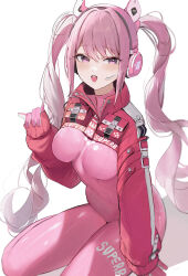 Rule 34 | 1girl, :d, alice (nikke), animal ear headphones, animal ears, blush, bodysuit, breasts, commentary, fake animal ears, foot out of frame, gloves, goddess of victory: nikke, hair intakes, headphones, highres, jacket, ljpwow, long hair, long sleeves, looking at viewer, medium breasts, open mouth, pink bodysuit, pink eyes, pink gloves, pink hair, red jacket, shrug (clothing), simple background, sitting, skin tight, smile, solo, swept bangs, twintails, very long hair, white background