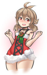 Rule 34 | 1girl, ahoge, arceonn, bare legs, bare shoulders, blush, borrowed character, brown hair, choker, christmas, cowboy shot, cropped legs, dress, flat chest, haru (naso4), highres, original, red dress, red eyes, red skirt, short twintails, skirt, solo, thick thighs, thighs, twintails, wide hips