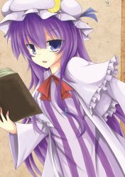 Rule 34 | 1girl, akisome hatsuka, book, bow, bowtie, dress, hair bow, hair ribbon, hat, holding, holding book, long hair, looking at viewer, mob cap, open mouth, patchouli knowledge, purple eyes, purple hair, ribbon, solo, striped clothes, striped dress, touhou