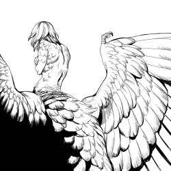 Rule 34 | 1girl, artist request, back, body fur, chimera, dungeon meshi, falin touden, falin touden (chimera), feathered wings, feathers, greyscale, kui ryouko, monochrome, monster girl, nude, self hug, short hair, solo, spoilers, white background, wings