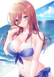 Rule 34 | 1girl, absurdres, bare shoulders, bikini, breasts, cleavage, collarbone, commentary request, go-toubun no hanayome, hair between eyes, hair over shoulder, highres, long hair, looking at viewer, midriff, nakano miku, navel, ocean, outdoors, parted lips, pontaro18, purple eyes, red hair, solo, swimsuit, two-tone bikini