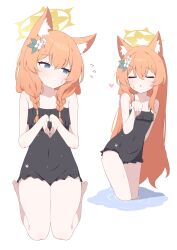 Rule 34 | 1girl, absurdres, animal ears, bare arms, bare legs, bare shoulders, barefoot, blue archive, blue eyes, closed eyes, fox ears, hagoonha, halo, highres, long hair, looking at viewer, mari (blue archive), orange hair, simple background, solo, thighs, white background