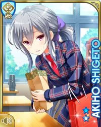 Rule 34 | 1girl, blazer, blue coat, blue jacket, bow, breasts, card (medium), character name, classroom, coat, day, desk, female focus, girlfriend (kari), grey hair, indoors, jacket, long hair, necktie, official art, open mouth, plaid, plaid coat, plaid skirt, purple bow, qp:flapper, red neckwear, red skirt, school, school uniform, shigeto akiho, shirt, shoes, skirt, smile, socks, standing, tagme, white shirt, winter clothes, winter coat