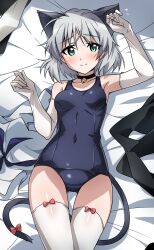 Rule 34 | 1girl, absurdres, animal ears, black one-piece swimsuit, breasts, cat ears, cat girl, cat tail, unworn clothes, commission, cowboy shot, gloves, gluteal fold, green eyes, grey hair, highres, lying, old school swimsuit, one-piece swimsuit, sanya v. litvyak, school swimsuit, short hair, skeb commission, small breasts, solo, strike witches, swimsuit, tail, thighhighs, tokiani, white gloves, white thighhighs, world witches series