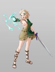 Rule 34 | 1girl, archaic set (zelda), blonde hair, breasts, commentary, cosplay, english commentary, full body, gameplay mechanics, gladiator sandals, green eyes, green tunic, grey background, hair ornament, hairclip, highres, holding, holding sword, holding weapon, link, link (cosplay), master sword, medium breasts, nintendo, nipples, one breast out, open mouth, parted bangs, pomelomelon, princess zelda, sandals, short hair, simple background, single bare shoulder, solo, sword, teardrop facial mark, the legend of zelda, the legend of zelda: tears of the kingdom, toes, weapon
