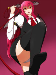 Rule 34 | 1girl, armband, black thighhighs, demon girl, dress shirt, feet, femdom, foot focus, gradient background, head wings, highres, koakuma, lactone, leash, long hair, long sleeves, looking down, necktie, no shoes, open mouth, panties, pink hair, red eyes, shiny skin, shirt, solo, thighhighs, touhou, underwear, upskirt, white shirt, wings