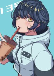 Rule 34 | 1girl, absurdres, blue background, boku no hero academia, character name, cup, disposable cup, drinking, highres, holding, karan koron100, short hair, simple background, solo, thirteen (boku no hero academia), upper body, yellow eyes