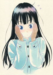 Rule 34 | 1girl, agahari, black hair, blue eyes, blush, coat, dragon ball, embarrassed, flying sweatdrops, gloves, hands on own cheeks, hands on own face, highres, long hair, long sleeves, mai (dragon ball), painting (medium), simple background, solo, traditional media, trench coat, upper body