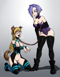 Rule 34 | 2girls, aldris karisto, anal tail, animal ears, bdsm, belt, blonde hair, blue eyes, bondage, bondage outfit, bound, breasts, butt plug, catunder, cleavage, collar, corset, dog ears, dog tail, dominatrix, fake tail, femdom, green eyes, harness, highres, kneeling, latex, leash, leather, multiple girls, nyr, open mouth, original, pet play, purple hair, rope, sex toy, simple background, slave, smile, tail, thighhighs, uncensored, yuri