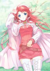 Rule 34 | 1girl, aty, aty (summon night), belt, blue eyes, blush, boots, cape, dress, hat, highres, lying, on back, red hair, solo, summon night, summon night 3, sweater, sweater dress, takeda mika, tears, thigh boots, thighhighs, watermark, web address