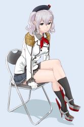 Rule 34 | 1girl, bad id, bad twitter id, black socks, blue background, blue eyes, breasts, chair, closed mouth, crossed legs, epaulettes, folding chair, frill trim, frills, full body, gloves, grey hair, hair between eyes, hat, high heels, kantai collection, kashima (kancolle), leaning forward, medium breasts, miniskirt, ojipon, simple background, sitting, skirt, socks, solo, twintails, white gloves