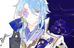 Rule 34 | 1boy, black gloves, blue background, blue hair, collared jacket, commentary, covering own eyes, daisy, ezu (e104mjd), flower, genshin impact, gloves, holding, holding flower, jacket, kamisato ayato, light blue hair, looking at viewer, male focus, mole, mole under eye, mole under mouth, purple eyes, purple flower, short hair, single sidelock, smile, symbol-only commentary, two-tone background, upper body, white background, white jacket