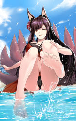 Rule 34 | 1girl, akagi (azur lane), akagi (paradise amaryllis) (azur lane), animal ears, ass, azur lane, barefoot, beach, black hair, breasts, brown eyes, cloud, cloudy sky, collarbone, day, feet, fengya, highres, long hair, looking at viewer, md5 mismatch, multiple tails, navel, open mouth, palm tree, partially submerged, resolution mismatch, sitting, sky, smile, soles, solo, source larger, splashing, swimsuit, tail, thighs, toes, tree, water