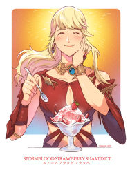 Rule 34 | 1girl, blonde hair, blush, bracelet, breasts, cleavage, dessert, detached sleeves, earrings, eating, english text, final fantasy, final fantasy xiv, food, fruit, hand on own face, jewelry, lyse hext, sei (seiryuuden), shaved ice, smile, solo, spoon, strawberry, upper body