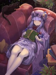 Rule 34 | 1girl, black cat, blue bow, blunt bangs, book, book stack, bow, bowtie, cat, commentary request, couch, crescent, crescent hair ornament, dress, falken (yutozin), feet out of frame, hair bow, hair ornament, hat, highres, holding, holding book, long hair, long sleeves, looking at viewer, lying, mob cap, on back, one eye closed, parted lips, patchouli knowledge, purple dress, purple hair, purple headwear, red bow, red eyes, red neckwear, short dress, sidelocks, touhou