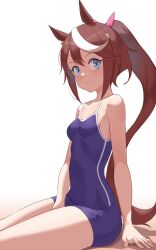 Rule 34 | 1girl, absurdres, animal ears, bare arms, bare shoulders, between legs, blue eyes, blue one-piece swimsuit, breasts, brown hair, closed mouth, commentary request, hair between eyes, hair ribbon, hand between legs, highres, horse ears, jilu, long hair, looking at viewer, multicolored hair, one-piece swimsuit, pink ribbon, ponytail, ribbon, sitting, small breasts, smile, solo, streaked hair, swimsuit, tokai teio (umamusume), umamusume, very long hair, white background, white hair