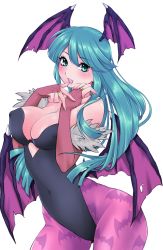 Rule 34 | 1girl, akiomi aiko, animal print, bare shoulders, bat print, bat wings, blush, breasts, bridal gauntlets, cleavage, clothing cutout, demon girl, elbow gloves, gloves, green eyes, green hair, head wings, heart, heart cutout, large breasts, leotard, long hair, matching hair/eyes, morrigan aensland, open mouth, pantyhose, print pantyhose, solo, strapless, strapless leotard, vampire (game), white background, wings
