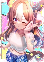 Rule 34 | 1girl, animal ears, aoi (07aoi15), blush, breasts, brown hair, copano rickey (umamusume), cowboy shot, dot nose, double bun, ear covers, from above, gaze on me! outfit (umamusume), hair bun, hair ornament, hand up, heart, highres, horse ears, horse girl, horse tail, horseshoe, long hair, male swimwear, midriff, multicolored hair, navel, one eye closed, open mouth, outline, purple eyes, shirt, small breasts, solo, sparkle, standing, streaked hair, swim trunks, tail, tassel, tassel hair ornament, tied shirt, umamusume, white outline, white shirt